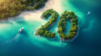Aerial view of a tropical island with the number 20 formed by lush greenery in calm blue waters on a sunny day