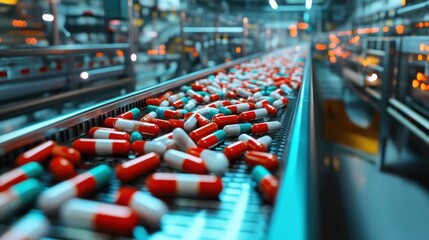 Obraz premium Capsule medicine industrial factory in pharmaceutical production background wallpaper AI generated image