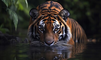 A majestic tiger drinking from a still pond, its reflection visible in the water, surrounded by lush greenery.