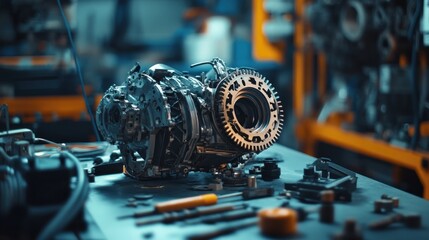 Engine with gearbox system disassembly and repair parts process background wallpaper AI generated image
