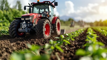 Obraz premium Tractor Working in a Green Field During Late Afternoon in a Rural Farming Area
