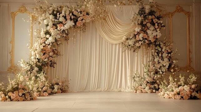 Lavish floral backdrop with ornate golden accents drapes and lush arrangements creating a sophisticated and exquisite setting for a grand or event