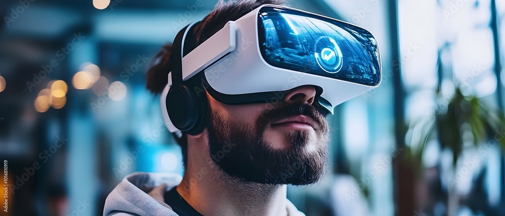 Poster portrait of a man wearing a virtual reality headset exploring and interacting with a futuristic resp