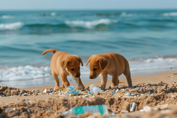 Adorable Puppies Cleaning Up Beach,Helping Protect Marine Life