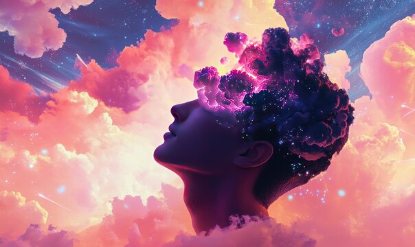 A surreal illustration of a person's head exploding with vibrant clouds and stars, symbolizing a burst of creativity, inspiration, or imagination.