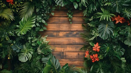 Lush tropical backdrop featuring a natural display of verdant foliage vibrant botanical elements and clean wooden textures creating a modern eco conscious ambiance ideal for events photography