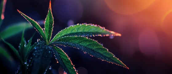 leaves dotted with water drops, background softly blurred