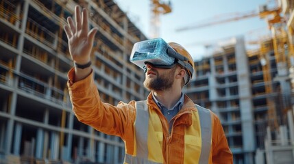 Futuristic Architectural Engineer Wearing Augmented Reality Headset and Using Gestures to Control Commercial Building Construction Site
