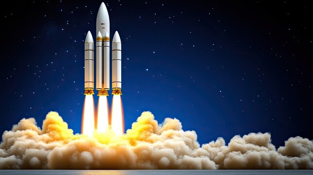 Three rockets launch into a clear sky, leaving trails of smoke and fire. The sunlight highlights their ascent against a backdrop of fluffy clouds and vibrant blue