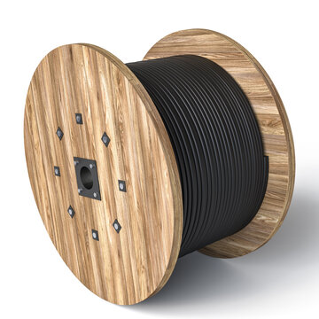 Wooden cable drum storing black electric wire