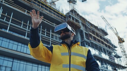 Futuristic Architectural Engineer Wearing Augmented Reality Headset and Using Gestures to Control Commercial Building Construction Site