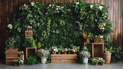 Obraz premium Rustic natural backdrop featuring a lush display of greenery wooden textures and botanical accents creating a beautiful and eco friendly setting for outdoor events weddings and