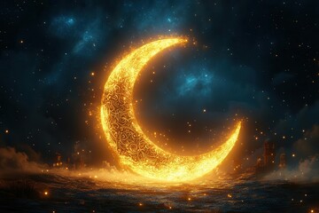 Obraz premium ethereal crescent moon illuminated against a starry night sky adorned with intricate islamic patterns and surrounded by a soft golden glow