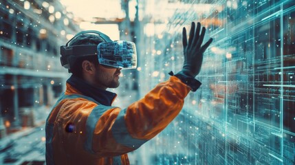 Futuristic Architectural Engineer Wearing Augmented Reality Headset and Using Gestures to Control Commercial Building Construction Site