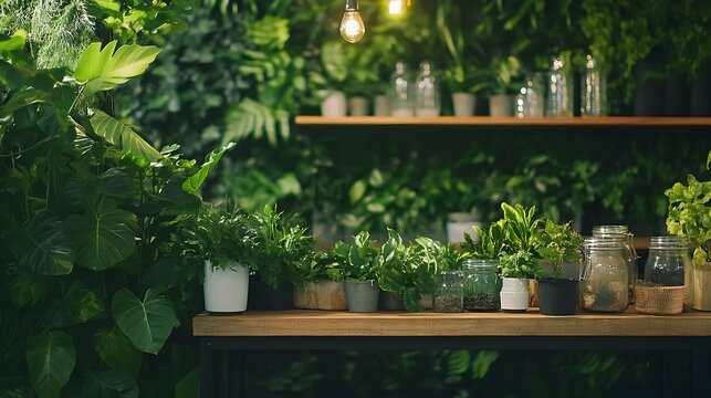 Lush green natural backdrop with wooden shelves for a clean rustic display perfect for sustainable events home decor or nature inspired interiors  The organic botanical elements create a calm