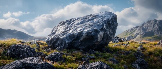  A substantial rock situates central in a meadow of green grass Mountains loom in the distance, and clouds scatter across the azure sky