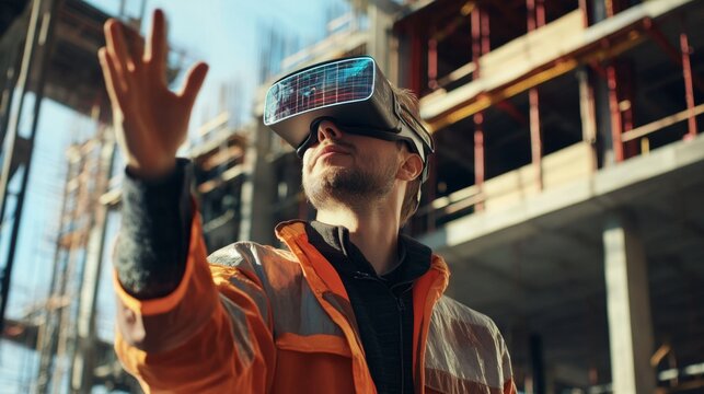 Futuristic Architectural Engineer Wearing Augmented Reality Headset and Using Gestures to Control Commercial Building Construction Site