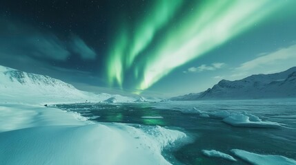 Naklejka premium majestic green aurora borealis illuminating a tranquil snowy landscape, casting a dreamlike glow over icy terrain, creating a serene and awe-inspiring atmosphere