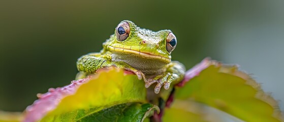 Naklejka premium A frog up-close on a leaf with a blurred background in the distance, and a blurred foreground