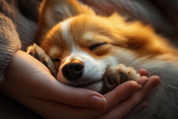 Small dog peacefully sleeping in the gentle hands of a person, bathed in soft warm light, creating a feeling of comfort and affection
