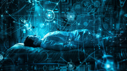 Futuristic brain mapping visualization during sleep. Advanced neurological study with holographic interface displaying neural connections and cognitive processes.