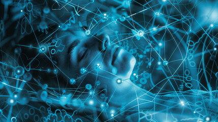 Close-up of patient's face during advanced sleep analysis. Futuristic neural network visualization overlaid, representing brain activity and dream state mapping.