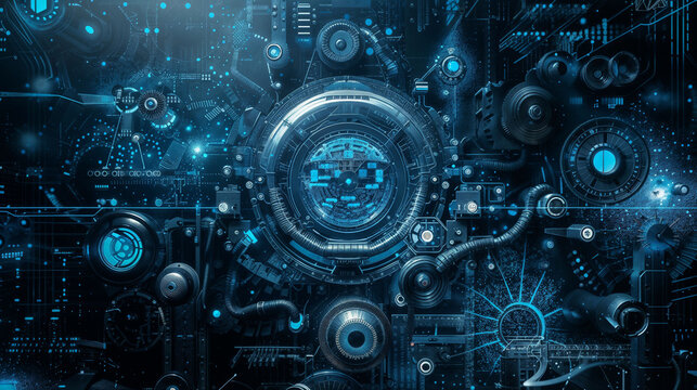 Futuristic technological interface with intricate mechanical and digital elements. Complex network of gears, circuits, and holographic displays create a cyberpunk background for a dark blue wallpaper