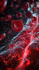 Artistic representation of red blood cells in motion, showcasing their vibrant color and dynamic flow through fluid medium. image captures essence of life and vitality