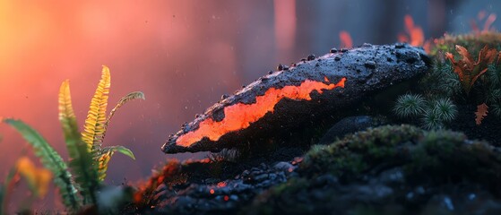 leaves glowing with red light; a bug traverses its back