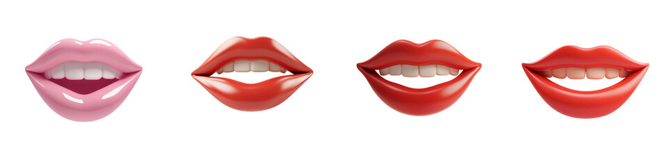 Fototapeta premium PNG 3d icons and object Lips in various shades and styles showcase beauty and expression. vibrant colors and glossy finishes highlight allure of different lip looks, perfect for makeup inspiration
