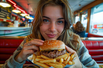 A woman is holding a large hamburger and smiling. The burger is topped with onions and tomatoes