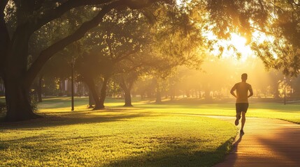 Fototapeta premium morning sunrise casts golden light upon a beautiful park, where a man jogs energetically, embodying health and vitality in a serene environment