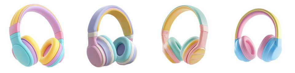 PNG 3d icons and object Colorful and stylish headphones in various designs showcase playful aesthetic. These vibrant accessories are perfect for music lovers seeking fun and trendy look