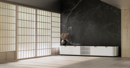 Cabinet wooden design on white room interior modern japanese style.3D rendering