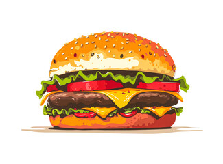 A hamburger with cheese and lettuce on a white background. The burger is large and has a lot of toppings