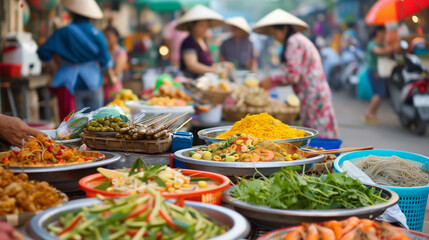 A bustling Vietnamese street market scene featuring vendors and a colorful variety of fresh vegetables, herbs, and traditional street food. A vibrant display of local culture and cuisine. 