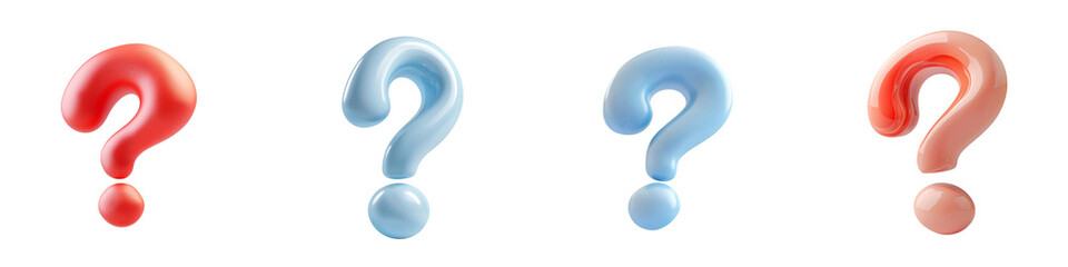 Naklejka premium PNG 3d icons and object Colorful question marks in red, blue, and pink, representing curiosity and inquiry. These vibrant symbols can be used in various contexts, such as education, communication