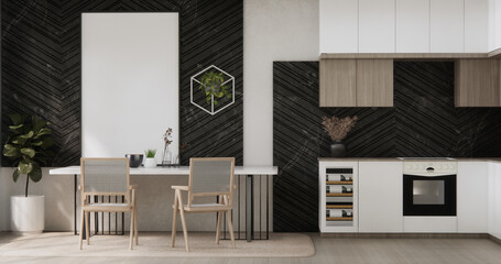 kitchen room dining table grey wall wood floor. 3d rendering