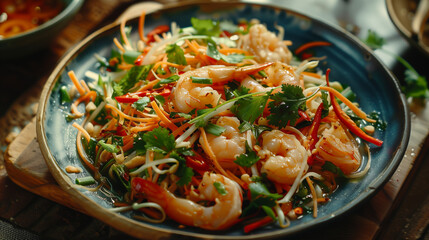 Colorful Vietnamese shrimp salad with fresh herbs, bean sprouts, and carrots, served with chili dipping sauce. A refreshing and flavorful addition to Asian cuisine photography.