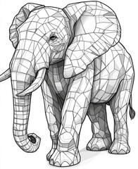 Coloring page for kids, coloring animal, elephant made of geometric shapes.