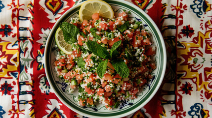 A vibrant bowl of Tabbouleh salad with parsley, tomatoes, and couscous, served with fresh lemon slices on an intricately patterned cloth.