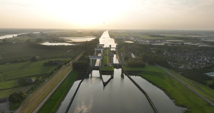 Prinses Irenesluizen, water works, The Prinses Irene Locks in the Amsterdam Rhine Canal. Aerial view.