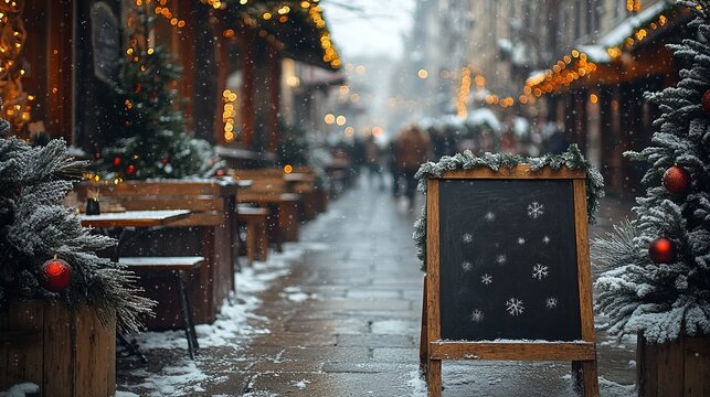 Empty menu board on the street in wintertime, Mockup for design, copy space