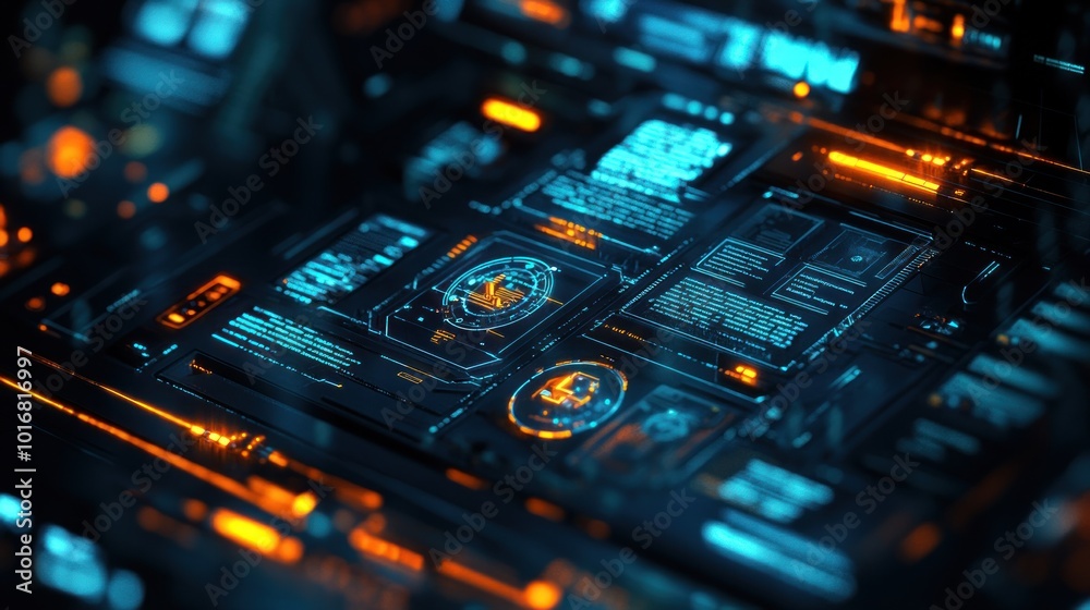 Poster high-tech interface with glowing elements and data displays.