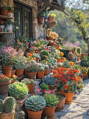 Succulents and Flowers in Pots on a Stone Patio