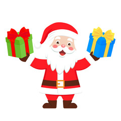 Cute Santa Claus with gift boxes. Color vector illustration in cartoon flat style.	PNG with transparent background.