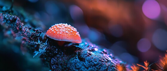 Fototapeta premium A tight shot of a scarlet mushroom on a moss-covered branch against a background of softly blurred lights