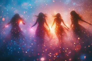 Obraz premium ethereal figures emerging from champagne bubbles dancing amidst shimmering light trails in a dreamlike party atmosphere