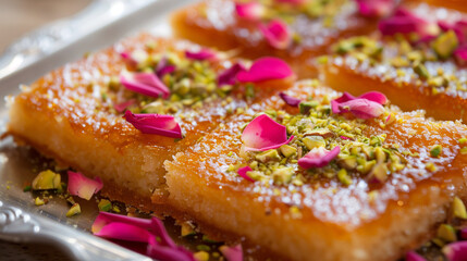 Close-up of traditional Lebanese Knafeh dessert, with a golden crust, pistachios, and rose petals on top. Perfect for Middle Eastern dessert collections.