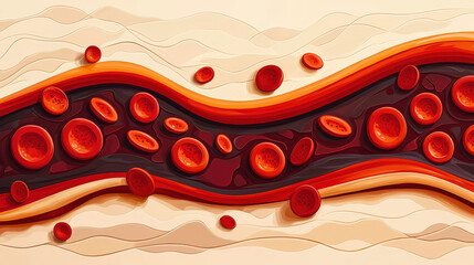 Stylized illustration of red blood cells flowing through blood vessel, showcasing vibrant colors and smooth lines. This artwork captures essence of circulation and vitality